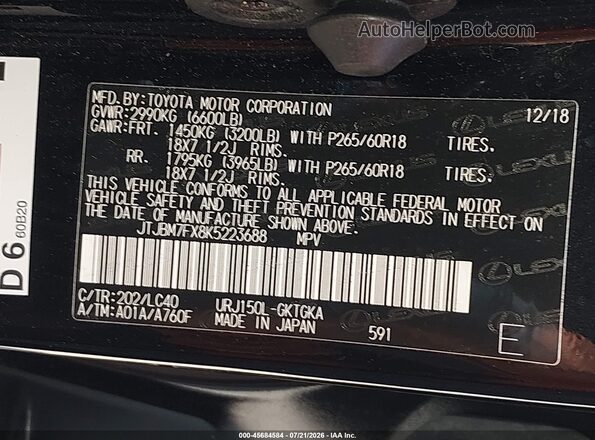 JTJBM7FX8K5223688 2019 LEXUS GX 460 Black Vista del compartimento del motor