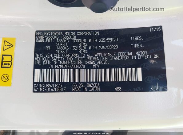 JTJBZMCA0G2004278 2016 LEXUS RX 350 White Вид підкапотного простору