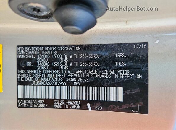JTJBZMCA6G2012966 2016 LEXUS RX Gold VIN կոդի պիտակի տեսք