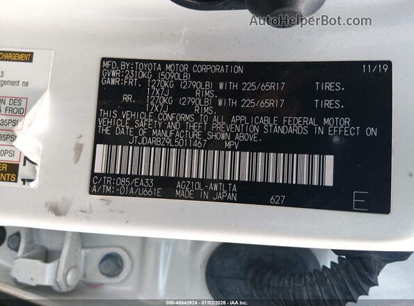 JTJDARBZ9L5011467 2020 LEXUS NX 300 White Շարժիչի բաժամունքի տեսք