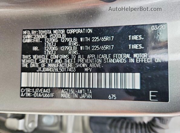 JTJDARDZ6L5017403 2020 LEXUS NX Gray Widok naklejki z numerem VIN