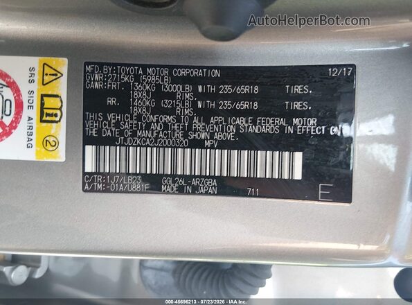 JTJDZKCA2J2000320 2018 LEXUS RX 350L Silver Вид підкапотного простору