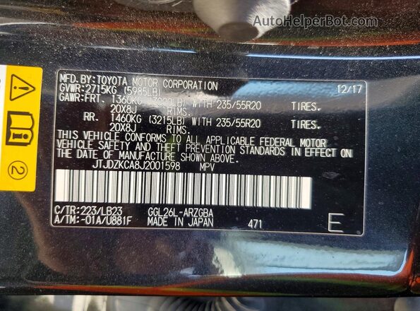 JTJDZKCA8J2001598 2018 LEXUS RX Black Widok naklejki z numerem VIN