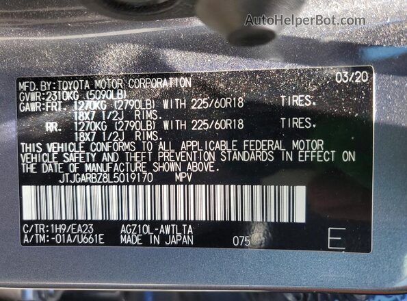 JTJGARBZ8L5019170 2020 LEXUS NX Silver Vista de la etiqueta del VIN
