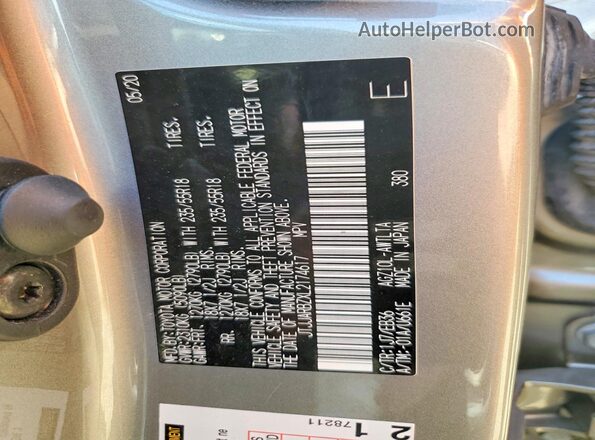 JTJJARBZXL2174617 2020 LEXUS NX Silver VIN sticker view