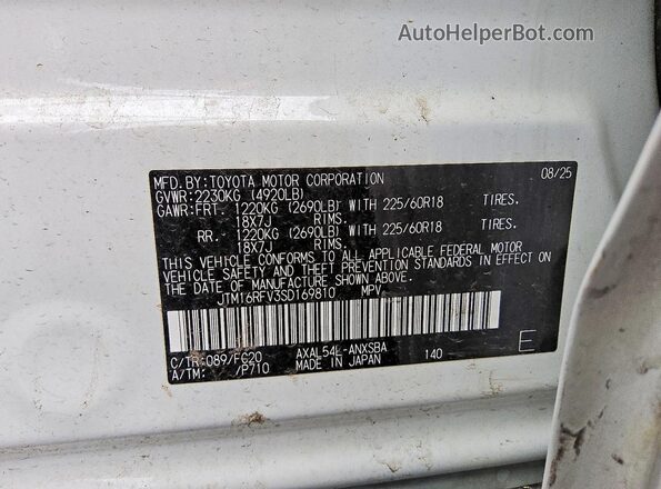 JTM16RFV3SD169810 2025 TOYOTA RAV4 Белый Вид наклейки с VIN-кодом