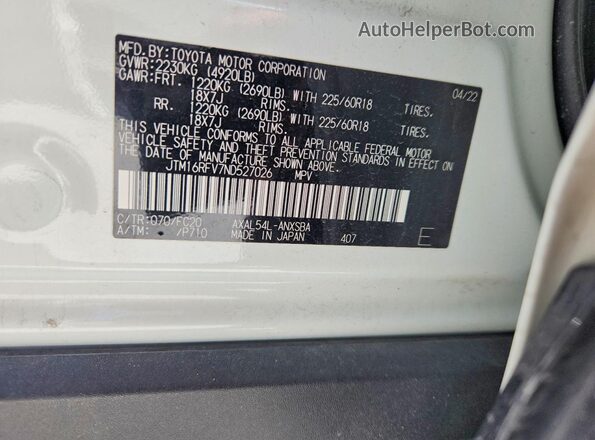 JTM16RFV7ND527026 2022 TOYOTA RAV4 White Widok wnętrza 360 stopni