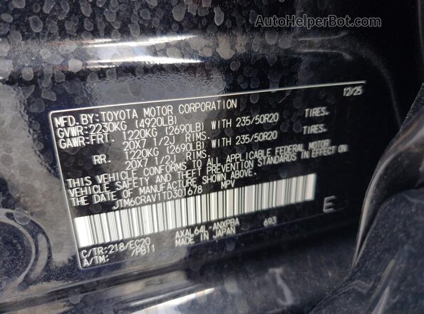 JTM6CRAV1TD301678 2026 TOYOTA RAV4 Black Вид наклейки з VIN-кодом