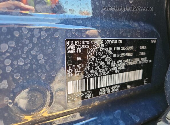 JTM6CRAV2TJ000645 2026 TOYOTA RAV4 Blue VIN კოდის სტიკერის ხედი