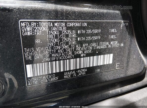JTMA1RFV1KD004871 2019 TOYOTA RAV4 Black Շարժիչի բաժամունքի տեսք
