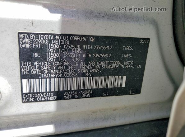 JTMA1RFV2KJ020398 2019 TOYOTA RAV4 White VIN კოდის სტიკერის ხედი
