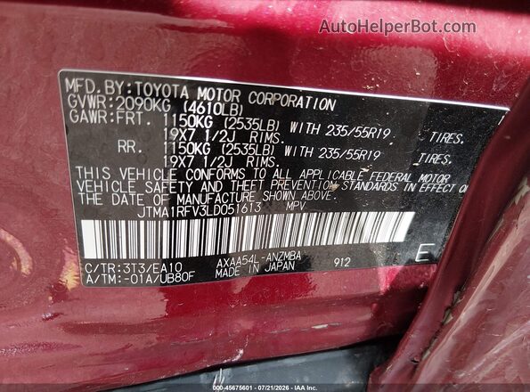 JTMA1RFV3LD051613 2020 TOYOTA RAV4 Red Вид підкапотного простору