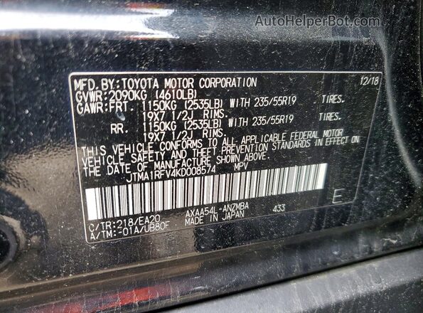 JTMA1RFV4KD008574 2019 TOYOTA RAV4 Черный Вид наклейки с VIN-кодом