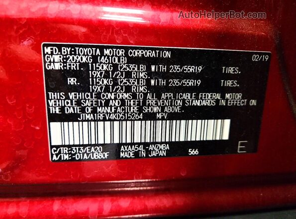 JTMA1RFV4KD515264 2019 TOYOTA RAV4 Red VIN sticker view