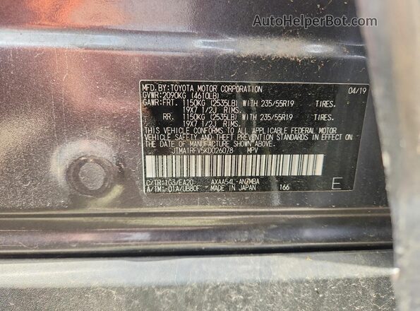 JTMA1RFV5KD026078 2019 TOYOTA RAV4 Gray VIN sticker view