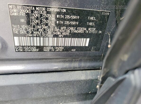 JTMA1RFV7LD525868 2020 TOYOTA RAV4 Gray Vista interior de 360 grados