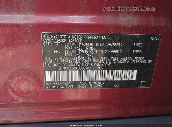 JTMA1RFV8KD008982 2019 TOYOTA RAV4 Red Vista del compartimento del motor