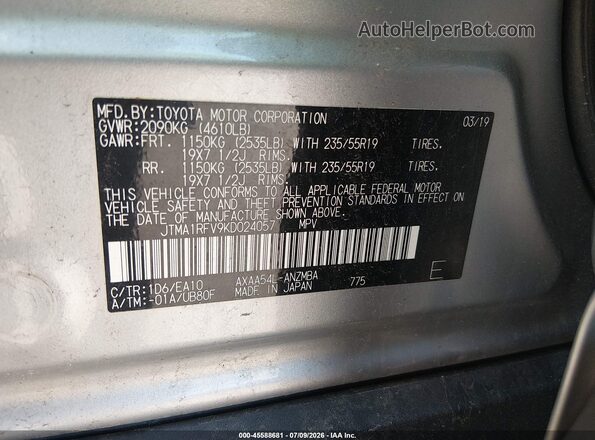 JTMA1RFV9KD024057 2019 TOYOTA RAV4 Silver Շարժիչի բաժամունքի տեսք