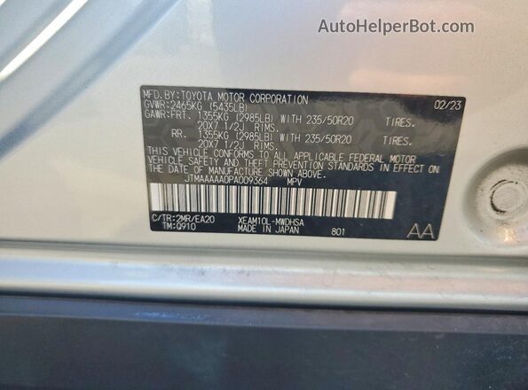 JTMAAAAA0PA009364 2023 TOYOTA BZ4X Silver Vista interior de 360 grados