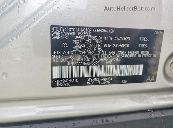 JTMAAAAA1RA045695 2024 TOYOTA BZ4X Silver Vista de la etiqueta del VIN