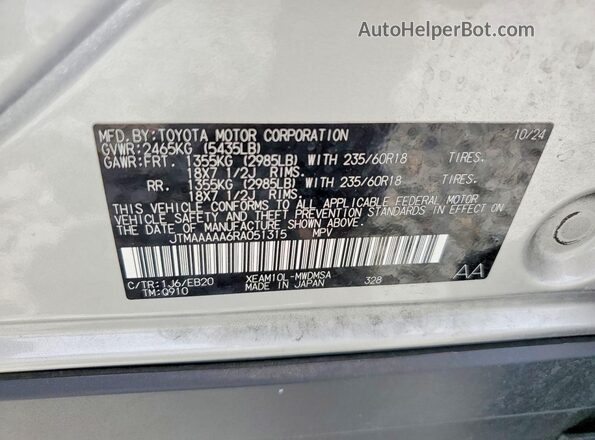 JTMAAAAA6RA051315 2024 TOYOTA BZ4X Серебряный Вид наклейки с VIN-кодом