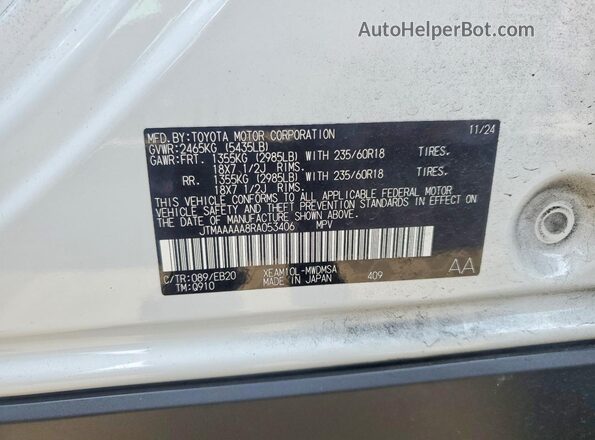 JTMAAAAA8RA053406 2024 TOYOTA BZ4X Белый Вид наклейки с VIN-кодом