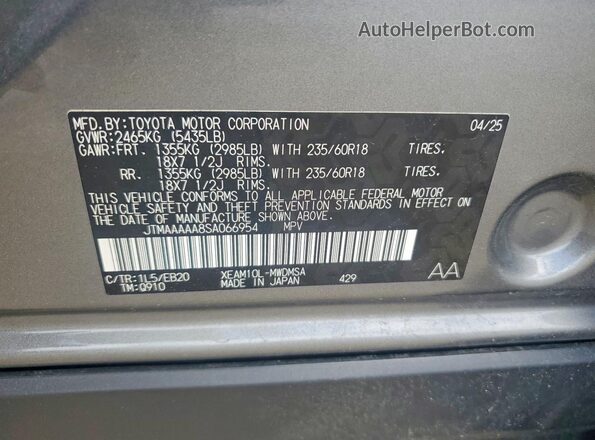 JTMAAAAA8SA066954 2025 TOYOTA BZ4X Gray Widok naklejki z numerem VIN