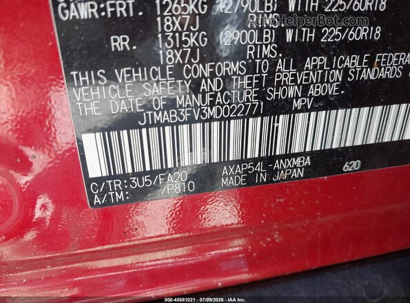 JTMAB3FV3MD022771 2021 TOYOTA RAV4 PRIME Red Widok naklejki z numerem VIN
