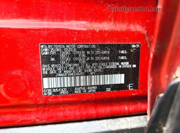 JTMAB3FV8MD048492 2021 TOYOTA RAV4 Red Вид наклейки з VIN-кодом