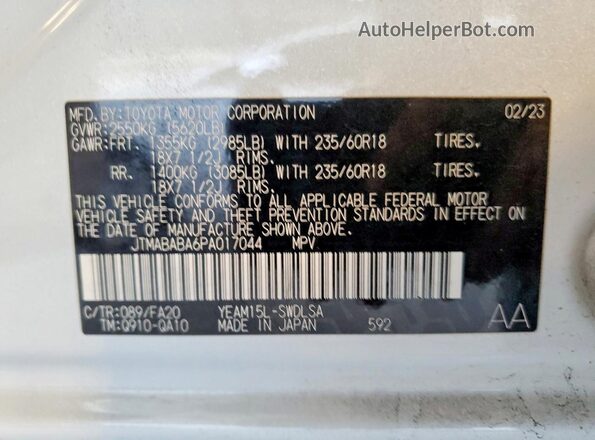 JTMABABA6PA017044 2023 SUBARU SOLTERRA White Vista de la etiqueta del VIN