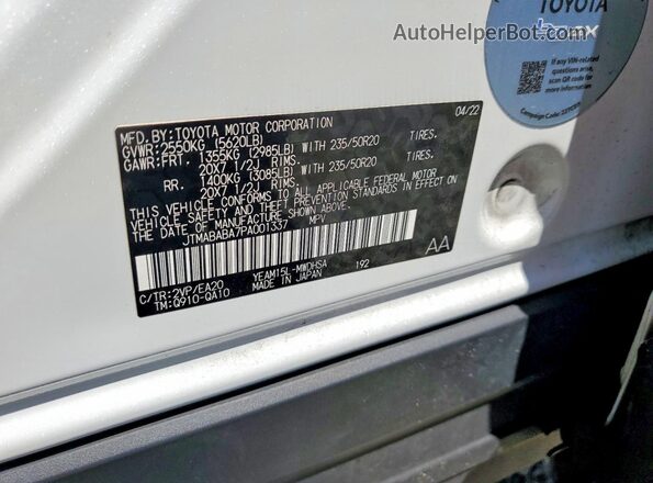 JTMABABA7PA001337 2023 TOYOTA BZ4X White Вид наклейки з VIN-кодом