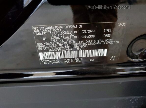 JTMABABA9SA099568 2025 SUBARU SOLTERRA Черный Вид наклейки с VIN-кодом