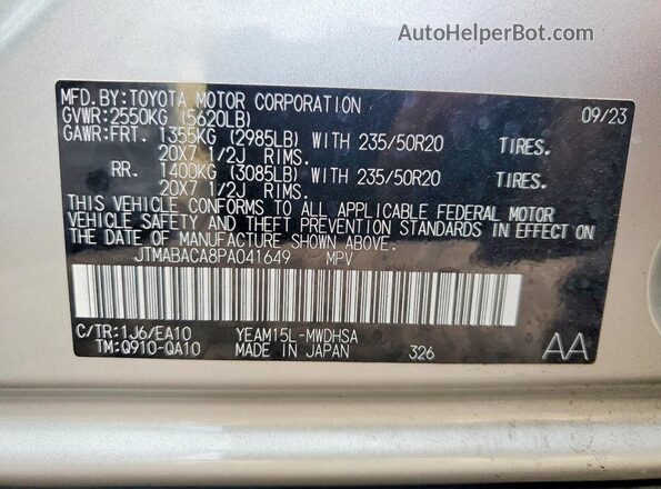 JTMABACA8PA041649 2023 TOYOTA BZ4X Silver VIN კოდის სტიკერის ხედი