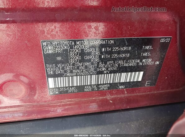 JTMB6RFV5ND053470 2022 TOYOTA RAV4 HYBRID Burgundy Շարժիչի բաժամունքի տեսք
