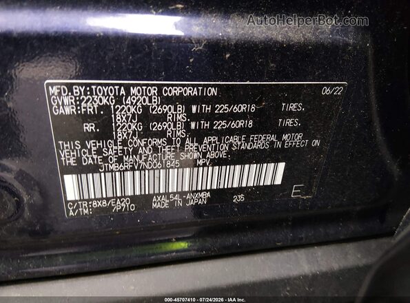 JTMB6RFV7ND061845 2022 TOYOTA RAV4 HYBRID Blue Շարժիչի բաժամունքի տեսք