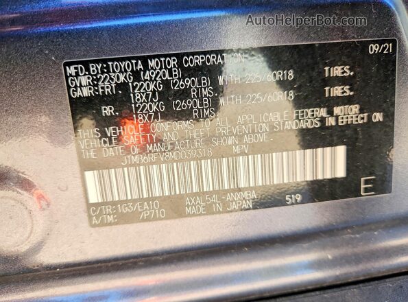 JTMB6RFV8MD039318 2021 TOYOTA RAV4 Gray Vista de la etiqueta del VIN
