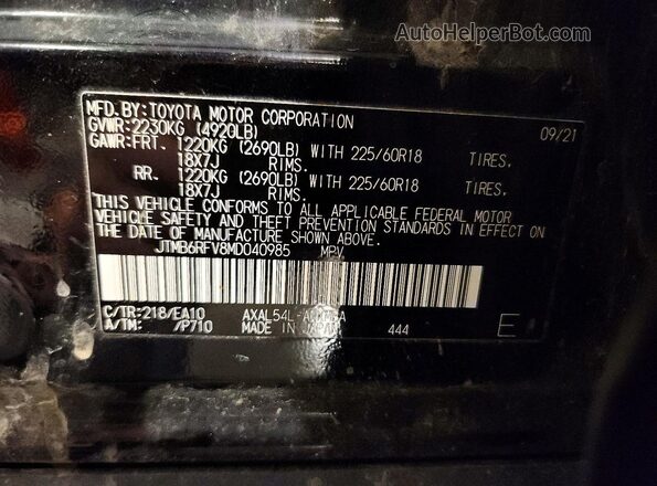 JTMB6RFV8MD040985 2021 TOYOTA RAV4 Black Вид наклейки з VIN-кодом
