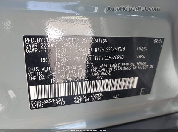 JTMB6RFV9MD041000 2021 TOYOTA RAV4 HYBRID Gray Вид підкапотного простору
