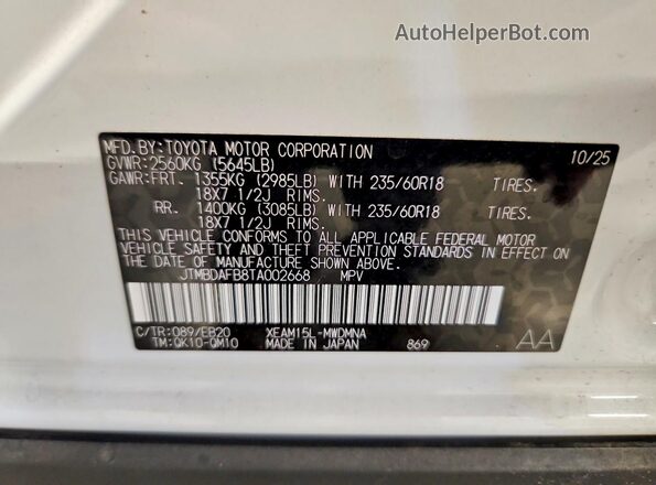 JTMBDAFB8TA002668 2026 TOYOTA BZ White Вид наклейки з VIN-кодом
