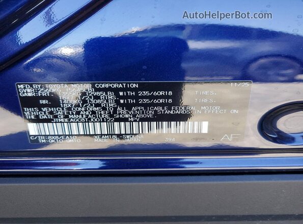 JTMBEAGC8TJ001122 2026 SUBARU SOLTERRA Blue VIN sticker view