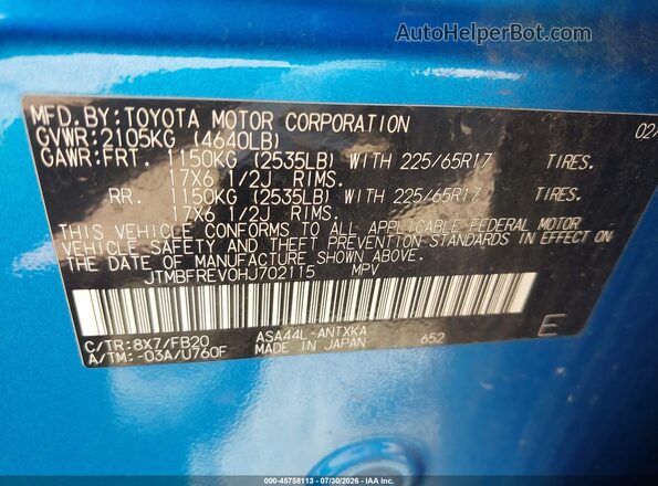 JTMBFREV0HJ702115 2017 TOYOTA RAV4 Blue Vista del compartimento del motor