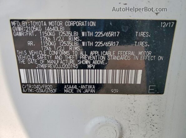 JTMBFREV0JJ200193 2018 TOYOTA RAV4 White Widok wnętrza 360 stopni
