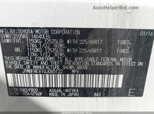 JTMBFREV1GJ065122 2016 TOYOTA RAV4 Белый Вид подкапотного пространства