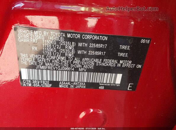 JTMBFREV1GJ096614 2016 TOYOTA RAV4 Красный Вид подкапотного пространства