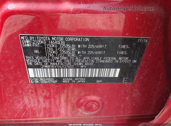JTMBFREV1HJ127653 2017 TOYOTA RAV4 Red Vista del compartimento del motor