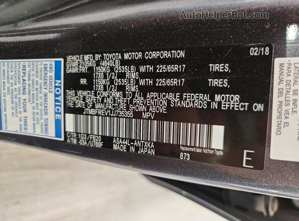 JTMBFREV1JJ735355 2018 TOYOTA RAV4 Charcoal VIN კოდის სტიკერის ხედი
