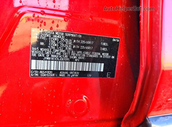JTMBFREV2GJ087095 2016 TOYOTA RAV4 Red Widok naklejki z numerem VIN