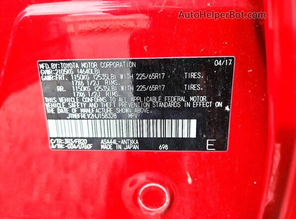 JTMBFREV2HJ158328 2017 TOYOTA RAV4 Red VIN კოდის სტიკერის ხედი