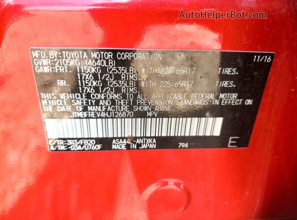 JTMBFREV4HJ126870 2017 TOYOTA RAV4 Red Widok naklejki z numerem VIN