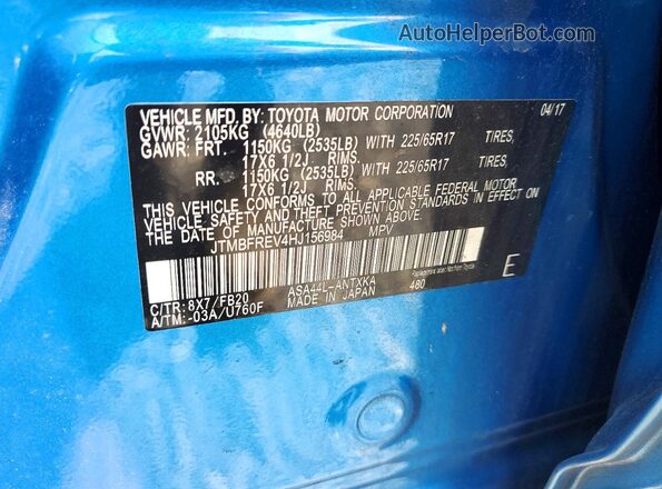 JTMBFREV4HJ156984 2017 TOYOTA RAV4 Blue VIN კოდის სტიკერის ხედი